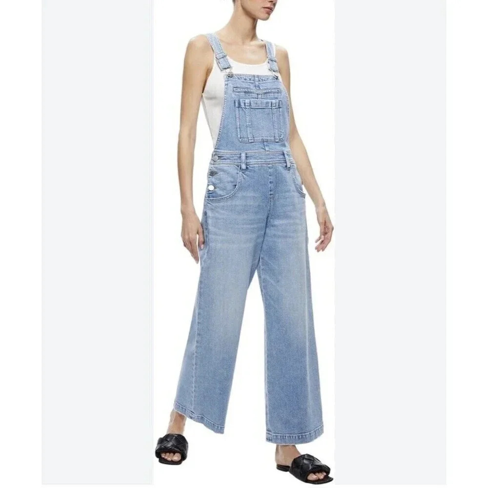 Alice and Olivia Wesson Straight Leg Dungaree Overall Jean Jumpsuit Denim Size L